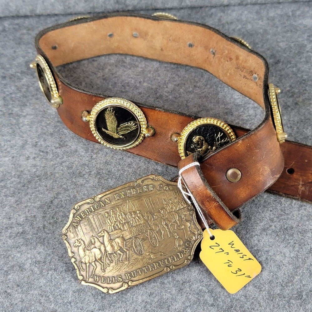 Vtg Jacobs Leather Western Belt American Express Buckle Wells Butterfield NOS